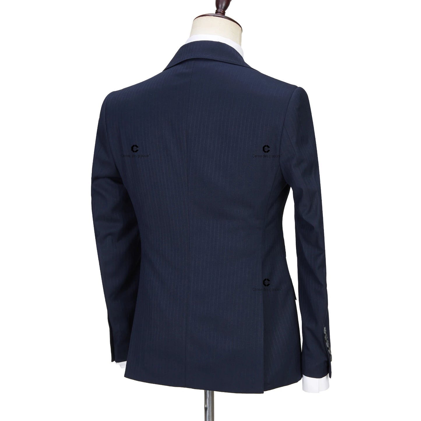 Dark Blue Pinstripe 3 Piece Classic Men Suits Blazer Vest Pants Peak Lapel Formal Business Prom Wedding Dress