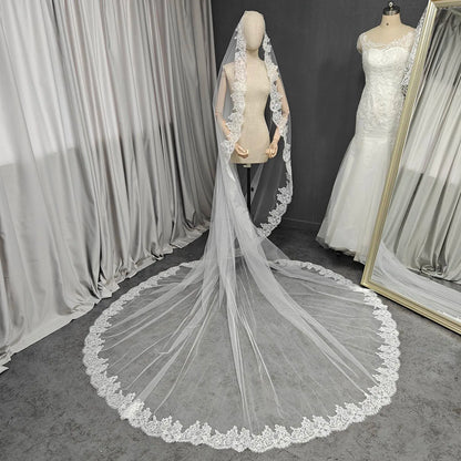 Customized Eyelash Lace Mantilla Veil, 3m*3m Long Bridal Veil with Chantilly Eyelash Lace, Ivory Wedding Veil with Hidden Comb