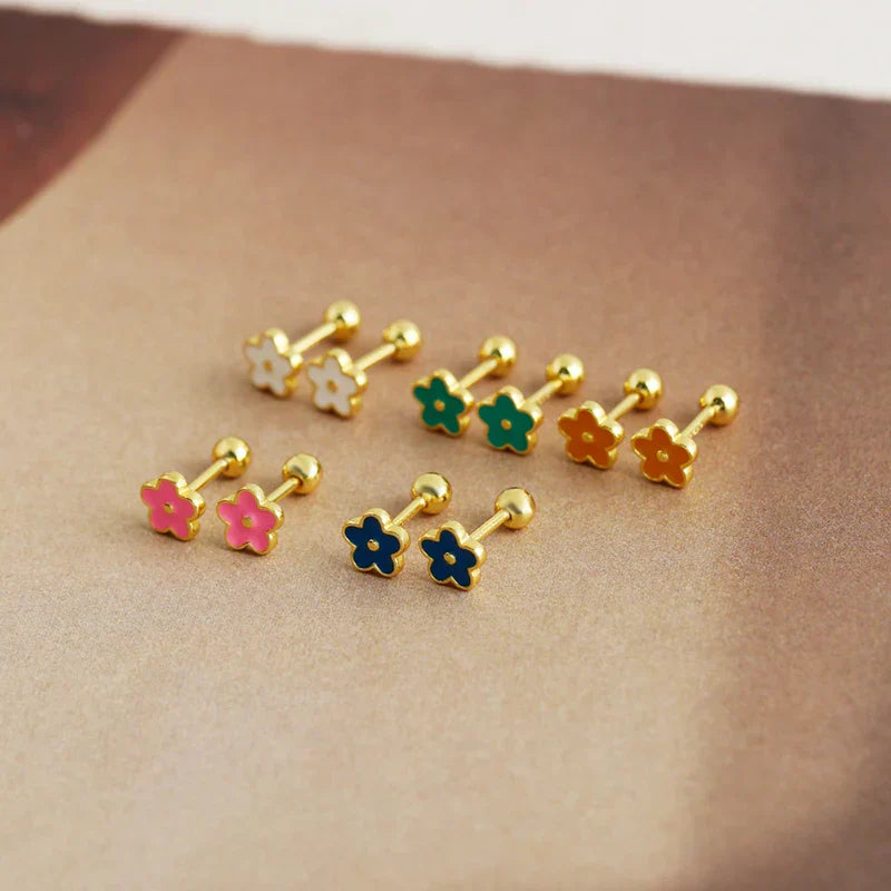 925 Sterling Silver Romantic White Enamel Flower Screw Bead Stud Earrings for Women Fashion Simple Piercing Jewelry Gift