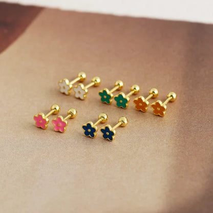 925 Sterling Silver Romantic White Enamel Flower Screw Bead Stud Earrings for Women Fashion Simple Piercing Jewelry Gift