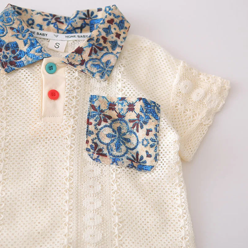 Children Summer Fashion Baby Boy Clothes Kids Collar Hollow Out Polo T Shirt+ Flower Shorts 2pc/Set Toddler Girls Casual Outfits