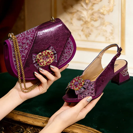 Elegant Purple Rhinestone Peep Toe High Heels for Women - Italian Design Sandals with Matching Handbag Set