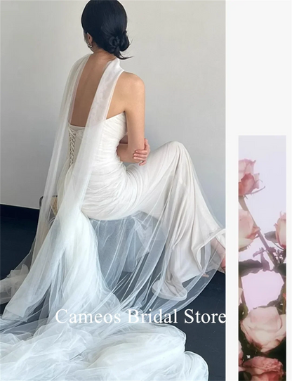 Strapless Tulle Korea Elegant Wedding Dress Customized Bride Dress 웨딩드레스 Mermaid Ruched Corset Ivory Wedding Gown Bridal