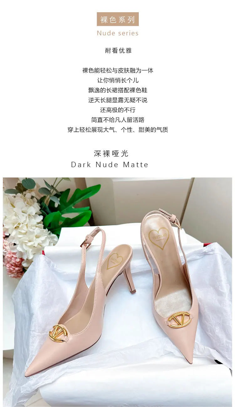 Thin heeled Baotou sandals for women's summer 2026 new style, pointed back strap, metal buckle, versatile high-heeled sandals