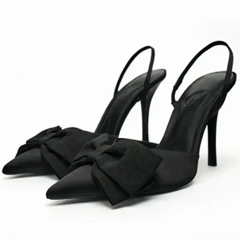 Luxury Silver High Heeled Sandals Women Sexy Pointed Toe Back Strap Thin Heels for Women Elegant Bow Design Banquet Dress Shoes