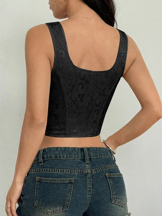 A black jacquard boning corset with laces, perfect for a sophisticated look. A sexy, fitted camisole top suitable for dates, cas