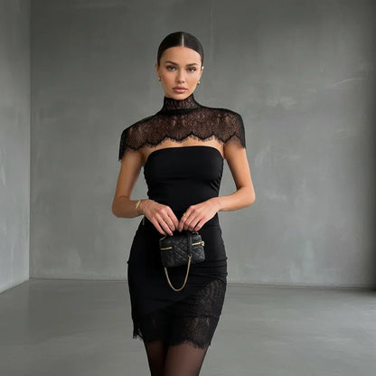 Black Lace Patchwork Strapless Dress Women Sexy Cape Shawl Waist Cinching Slim Mini Dresses Lady 2026 Evening Club Party Gowns
