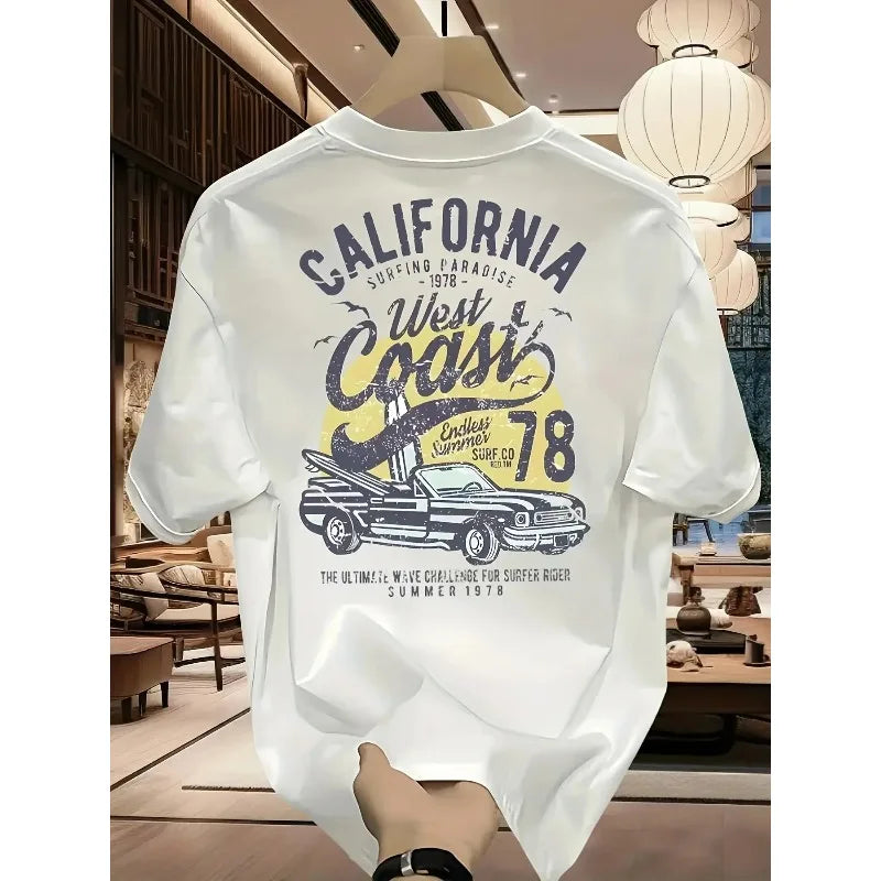 Vintage California West Coast Surfing Graphic Tee with Retro Car and Sun Print 100% Cotton Men's T-shirt Summer Casual Beachwear