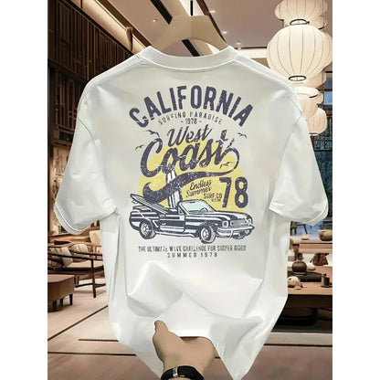Vintage California West Coast Surfing Graphic Tee with Retro Car and Sun Print 100% Cotton Men's T-shirt Summer Casual Beachwear