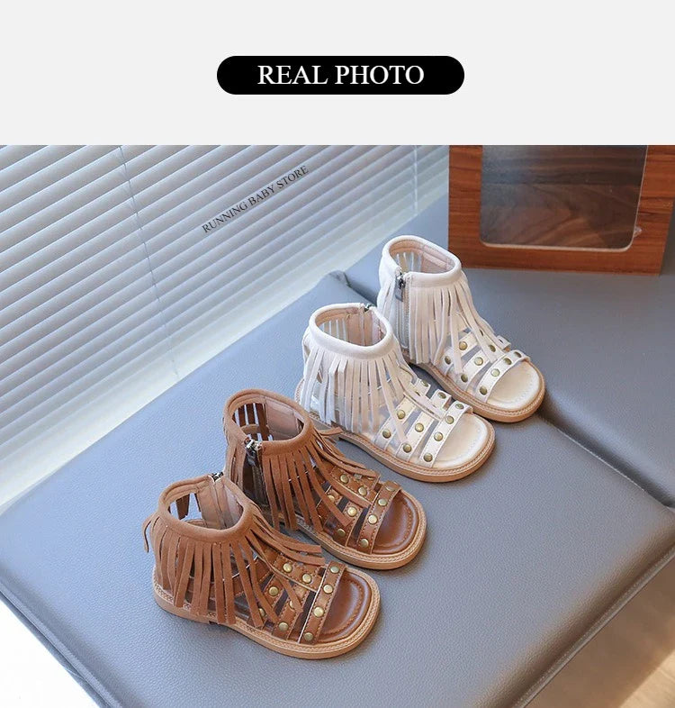 England Style Fashion Tassel Sandals Summer New Side Zipper Rivet High-top Sandals Student Beige Brown Roman Shoes Fringe I05235