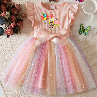 Sweet Girls Flying Sleeves Bow Sequin Dress Kids Baby Girl Birthday Party Fluffy Tutu Princess Dress 1-5Y