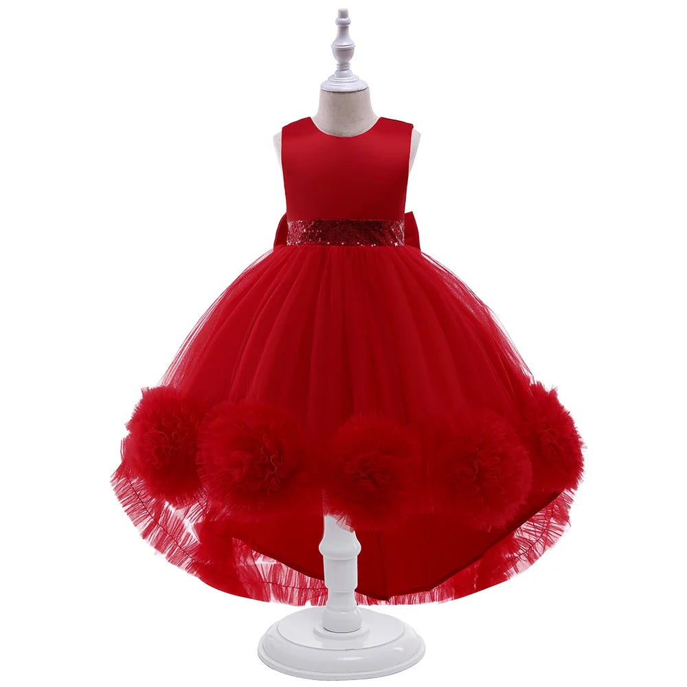 Elegant Trailing Flower Party Girls Dress Summer Wedding Bridesmaid Princess Prom Dress Girl Tull Bow Birthday Evening Ball Gown