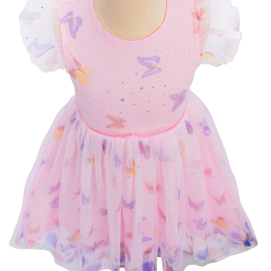 2026 Baby Girl Summer Dresses Kids Pink Butterfly Printed Princess Dress Children Birthday Party Dress Up Girls Fashion Clothes