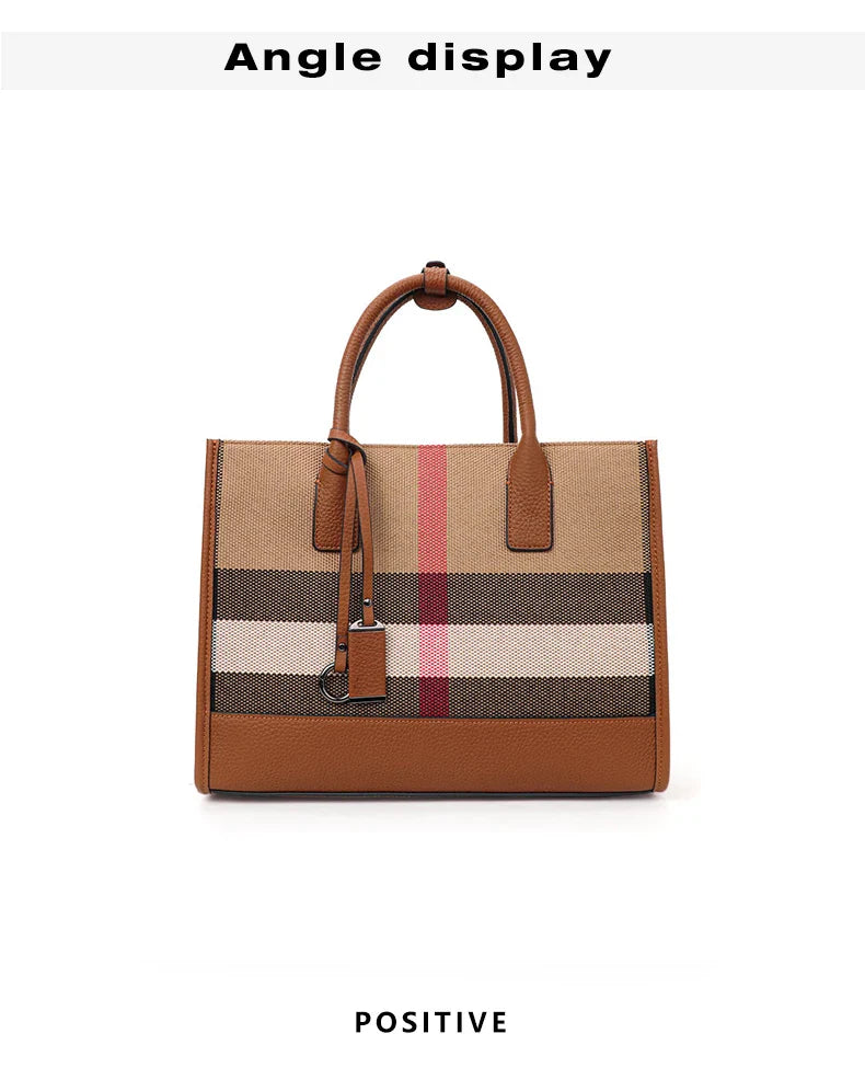 Fashion Plaid Canvas Women's Handbag Classic Versatile Large Capacity Cowhide Single Shoulder Crossbody Bag