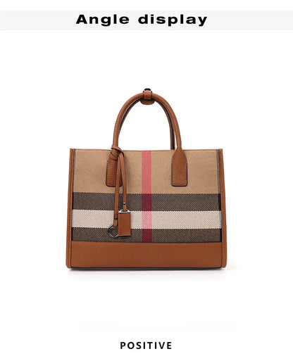 Fashion Plaid Canvas Women's Handbag Classic Versatile Large Capacity Cowhide Single Shoulder Crossbody Bag