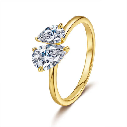 100% 18K real gold moissanite double stone ring for women, square water drop exaggerated ring, high-end jewelry for girlfriend