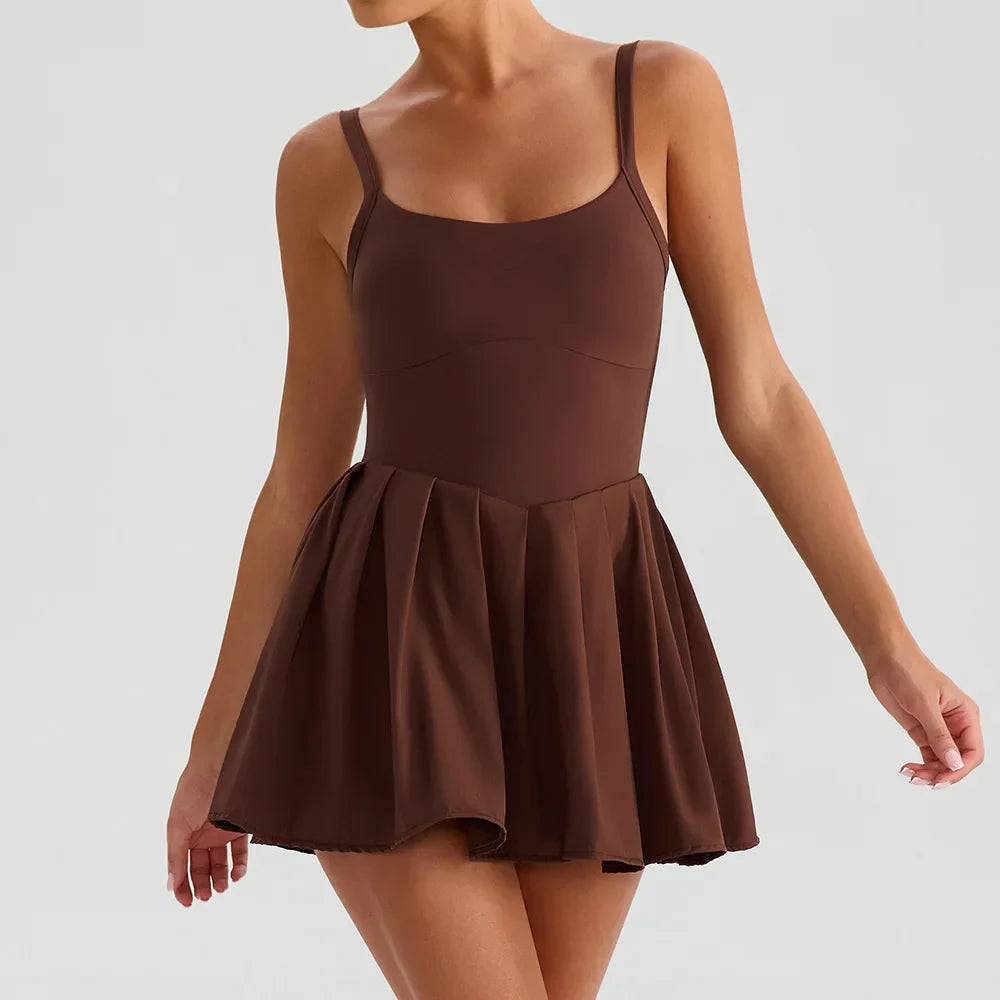 Women's Summer Sleeveless Sports Dress Breathable Tennis Dress One-Piece Mini Skirt Golf Skirts Jumpsuit With Pockets