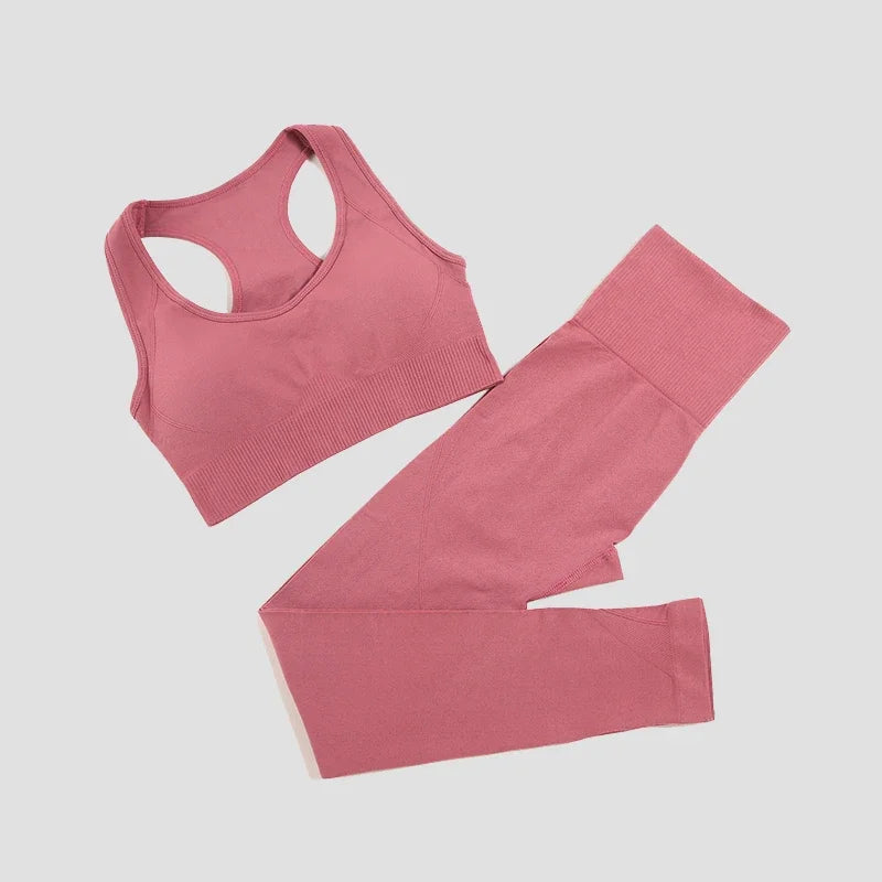 2/3Pcs Women Seamless Fitness Yoga Suit Workout Long Sleeve Crop Top Shirt Sports Bra High Waist Running Leggings Gym Clothing