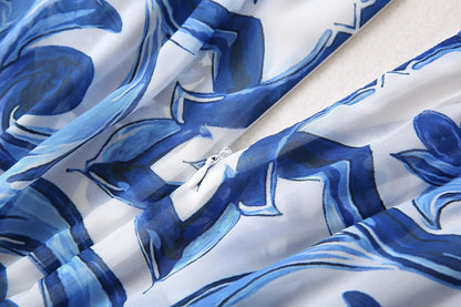 Red Blue And White Porcelain Print Holiday Dress Summer Vintage Bohemia Dress Women's  Loose Lace Up Belt Long Robe Vestido