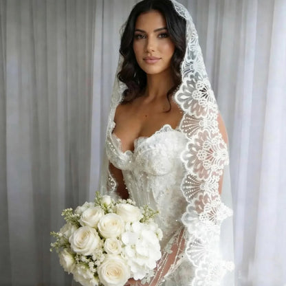 Customized Mantilla Veil with Wide Eyelash Lace, Ivory Chantilly Lace Wedding Veil with Hidden Comb, 2.5m/3m/3.5m/4m Long Veil