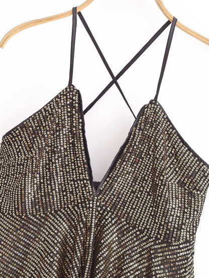 2025 Women Chic Deep V Neck Sequined Design Sling Camis Tank Lady Backless Cross Sexy Shirt Blouse Tops LS7381