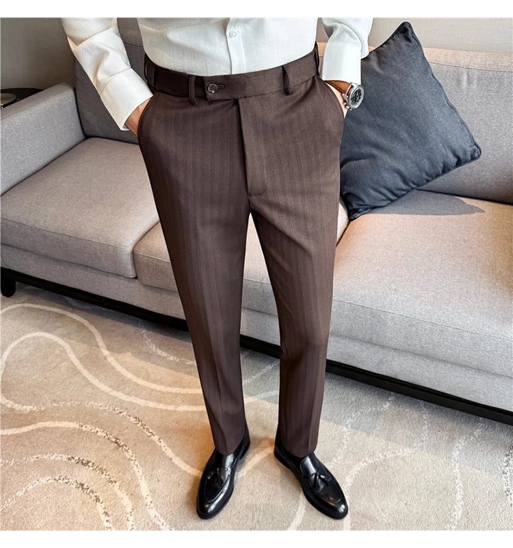 Men's Wool Blend Dress Pants, Elastic Waist Business Trousers, Tapered Slim Fit, Charcoal Gray Black Navy