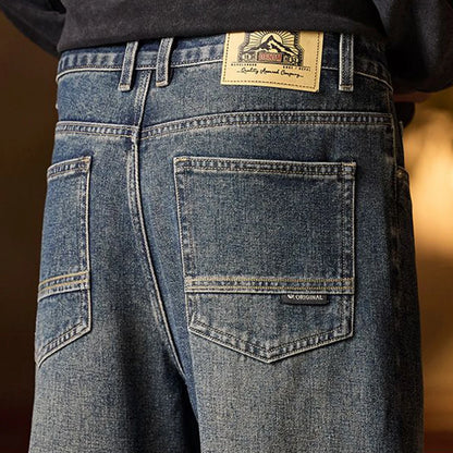 American Men's Y2K Retro Blue Denim Jeans Autumn Spring Relaxed Fit Korean Streetwear Casual Wide-leg Pants with Spliced Pockets