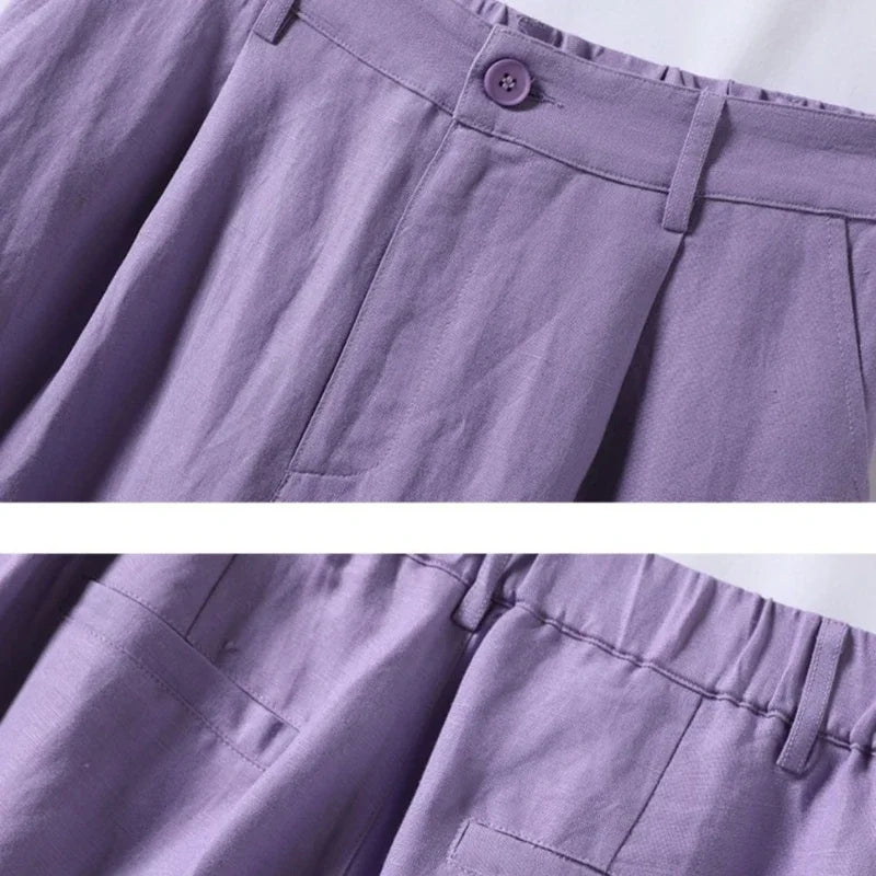Cotton and Linen Shorts for Women Summer 2025 Loose High Waisted Wide Leg Pants Casual Versatile Solid Retro Straight Shorts