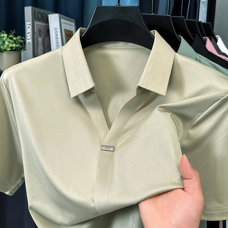 High quality ice silk short sleeve T-shirt men's lapel top trendy brand design cool silky breathable summer casual polo shirt