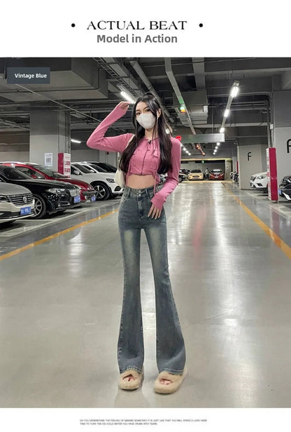Autumn Winter American Sle High Waist Slim Fit Drapey Micro Flared Jeans Women's Premium Denim Pants