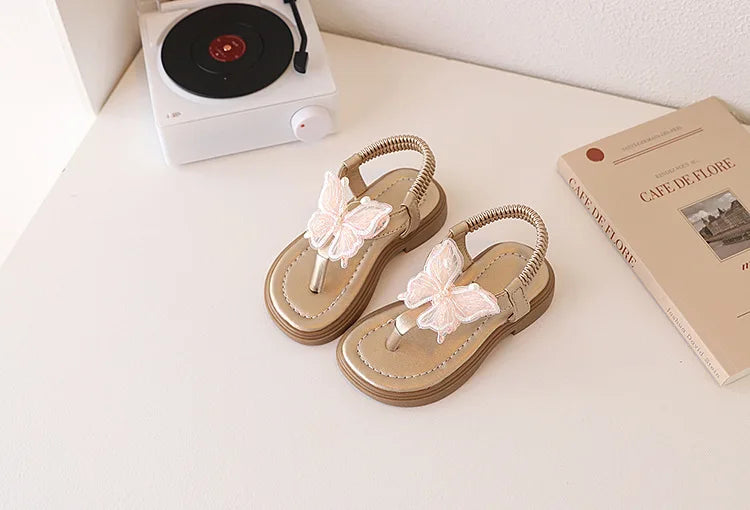 Korean Style Little Girl Sandal Clip-toe Children's Princess Beach Slippers Sweet Lace Butterfly Kids Fashion Flat Sandals New