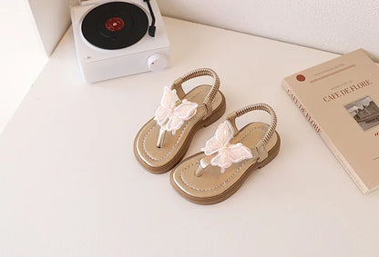 Korean Style Little Girl Sandal Clip-toe Children's Princess Beach Slippers Sweet Lace Butterfly Kids Fashion Flat Sandals New