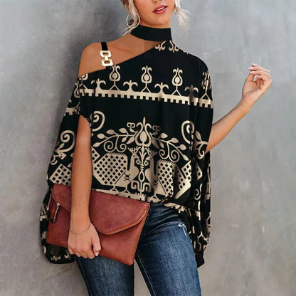 Loose Halter Neck Shawl Top Stylish Halter Neck Bat Sleeve Blouse for Women Loose Fit Pullover Tops with Skew Collar for Summer
