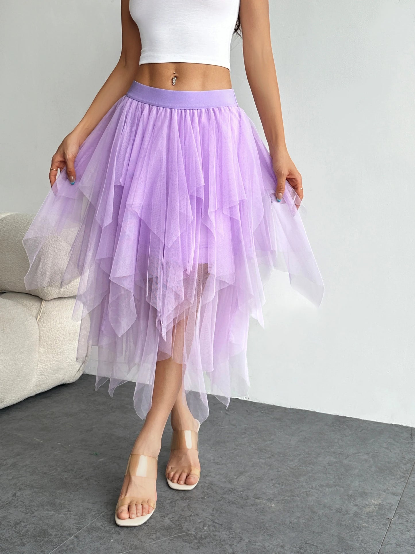 Ladies' high waisted elastic waist layered chiffon midi skirt with irregular asymmetric hem party casual mesh fairy ballet skirt