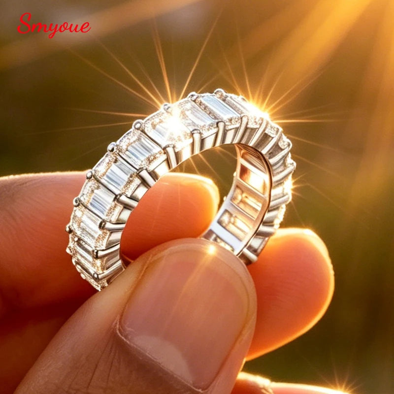 18k Plated 3*5mm Emerald Cut Moissanite Rings for Women Halo Full Eternity Bands Wedding Jewelry S925 Sterling Silver