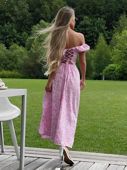 Women's Off Shoulder Floral Dress Summer New Fashionable Slit Long Slim Fit Print Dress Sexy Hot Girl Evening Dresses