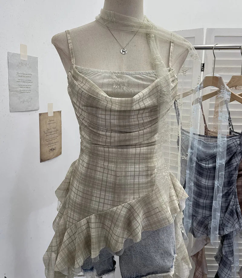 Y2K Plaid Camisole for Women Summer Casual Lace Scarf Breathable Stretch Mesh Patchwork Asymmetrical Ruffle Slim Tops