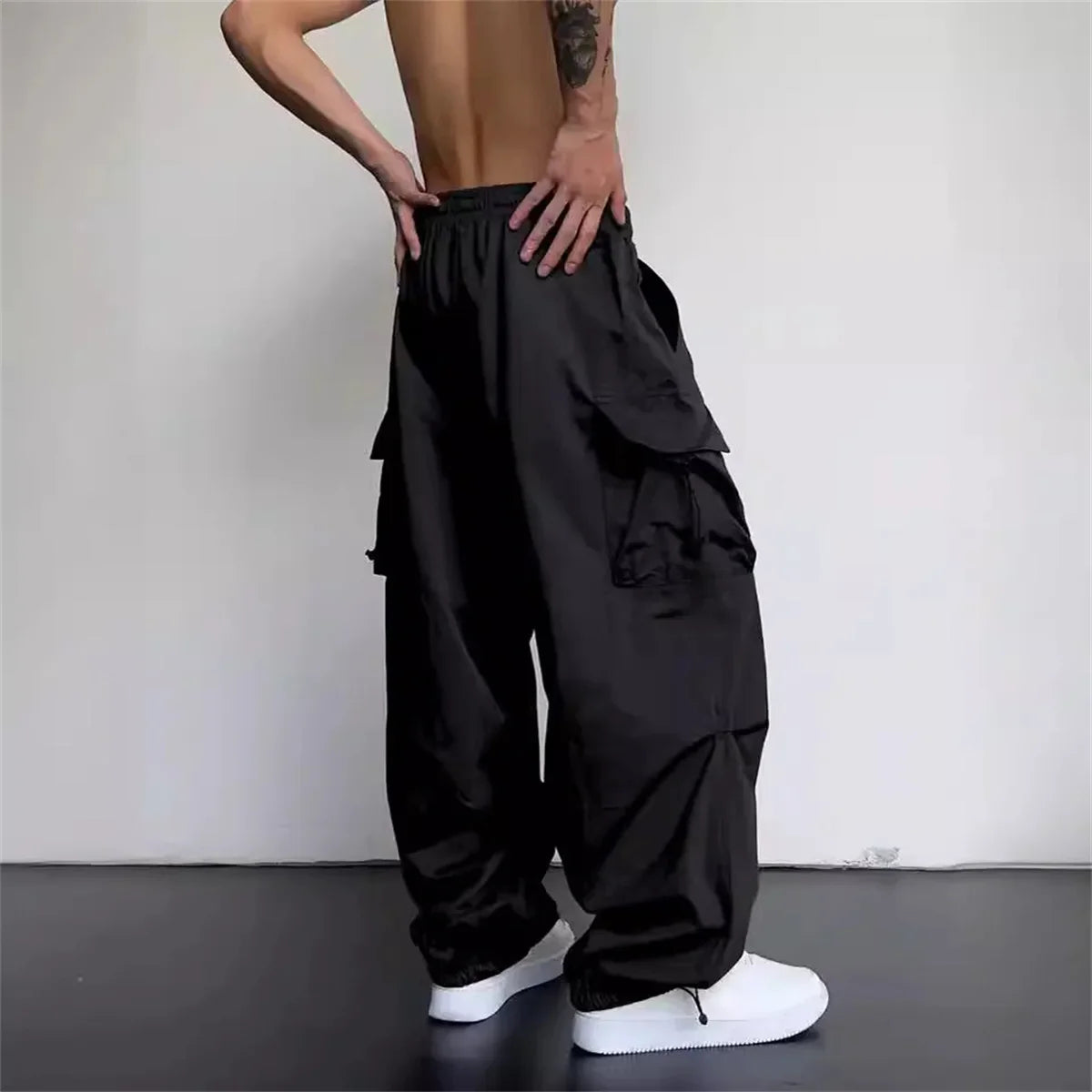 Black Men's Hip Hop Cargo Pants Casual Summer Solid Multiple Pockets Trousers Cool Ribbons Techwear Hip Hop Sweatpants Boys