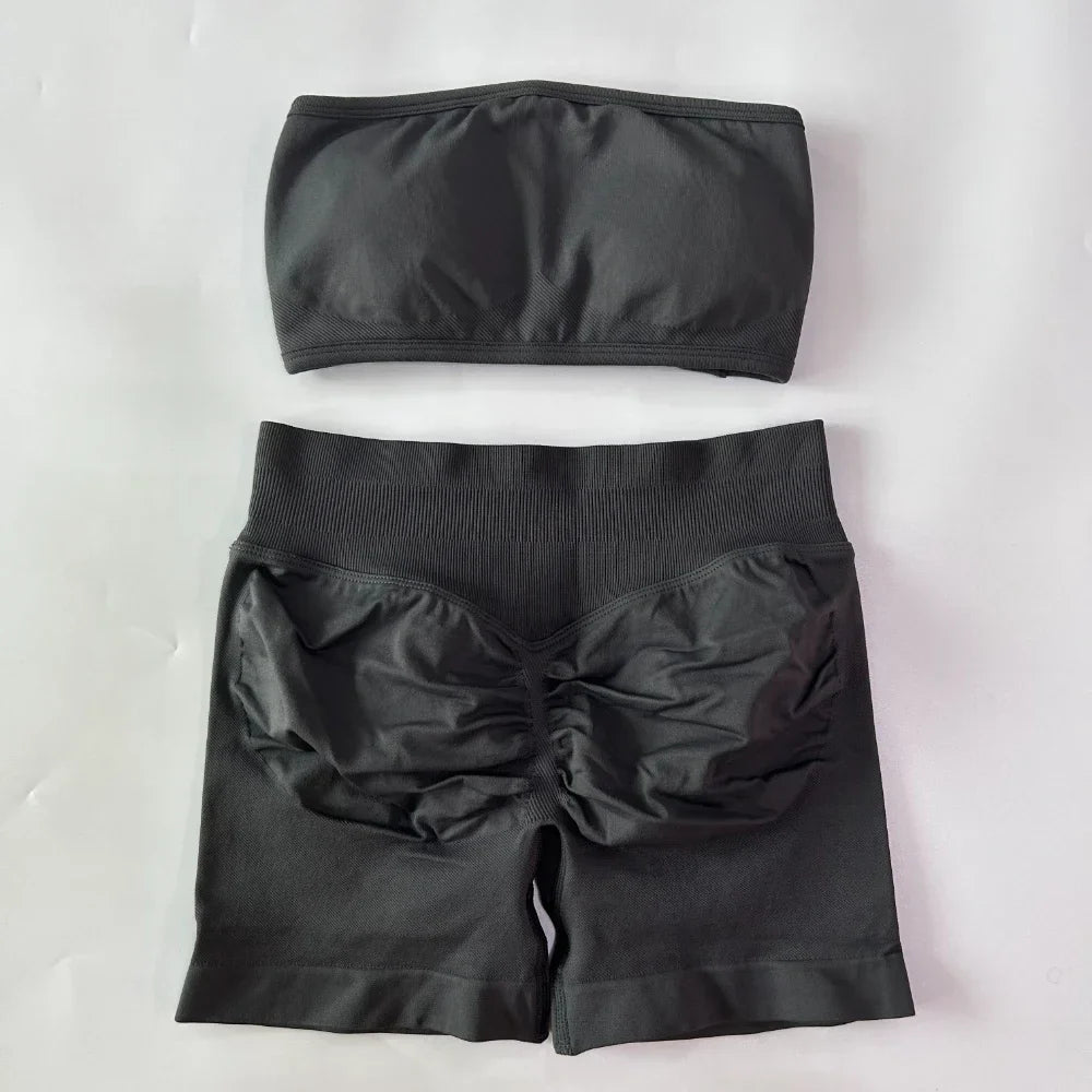 No Logo Women 2 Pieces Yoga Set Backless Bandeau Sports Bra Scrunch Shorts Yoga Clothing Gym Set Workout Clothes Outfits Sets