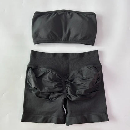No Logo Women 2 Pieces Yoga Set Backless Bandeau Sports Bra Scrunch Shorts Yoga Clothing Gym Set Workout Clothes Outfits Sets