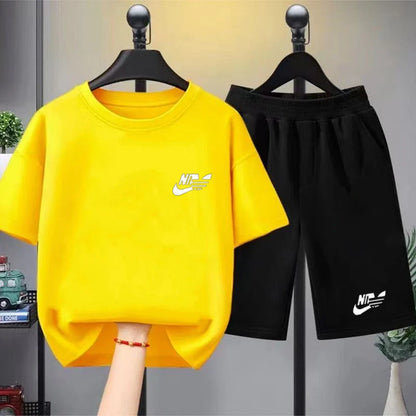 Kids Summer Boy Girl Round Neck Black T-shirt+Shorts Short-sleeved Toddler 3-12Y Casual Sports Set Fashion Pink letter print