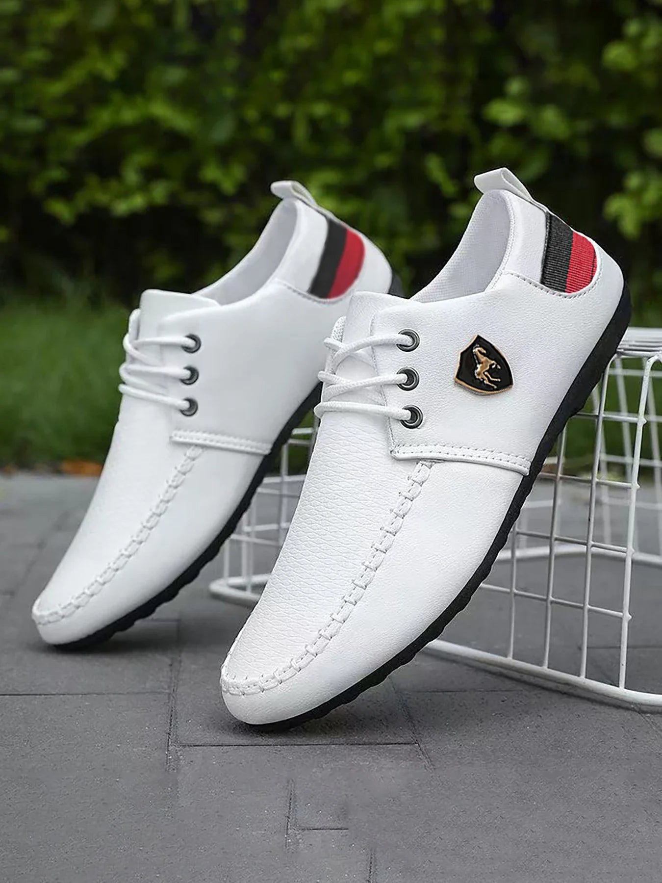 Men's loafers, featuring black and red accents - low-top lace-up design, breathable fabric lining and durable PVC sole, suitable