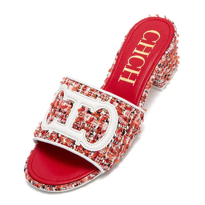 Middle heel square heel slippers fabric fashion casual shoes luxury brand slippers girls street commuter slippers