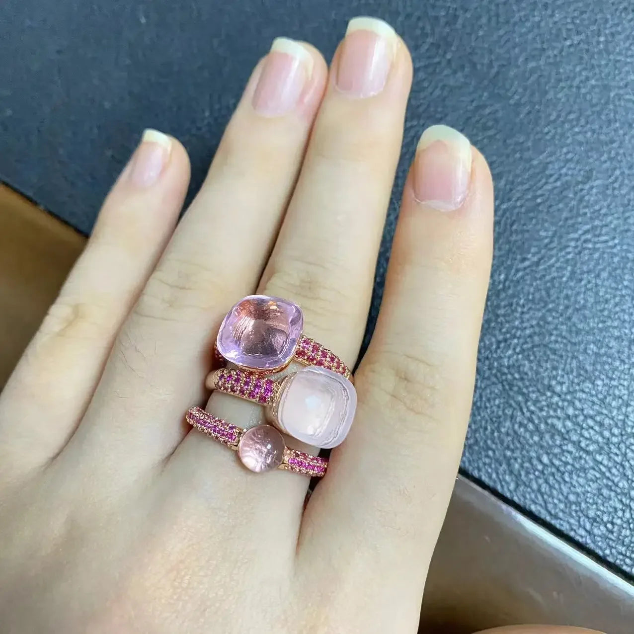 Conjunto de 3 anéis empilháveis ​​Nudo para mulheres, conjunto com cores mistas, cristais tipo bala incrustados, zircônia, ametista, topázio azul, joia redonda, presente