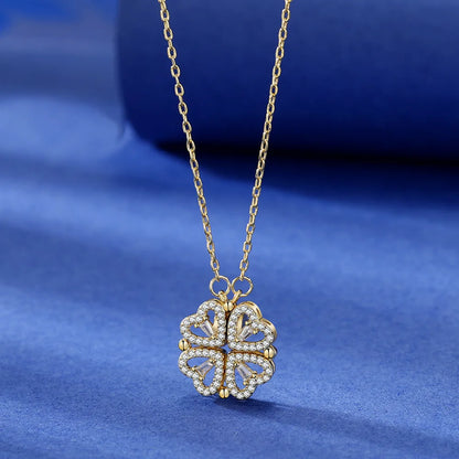 Transform Luxury Four Leaf Clover Pendant Necklace  Stainless Steel Crystal Gold Color Heart Jewelry for Women Gift