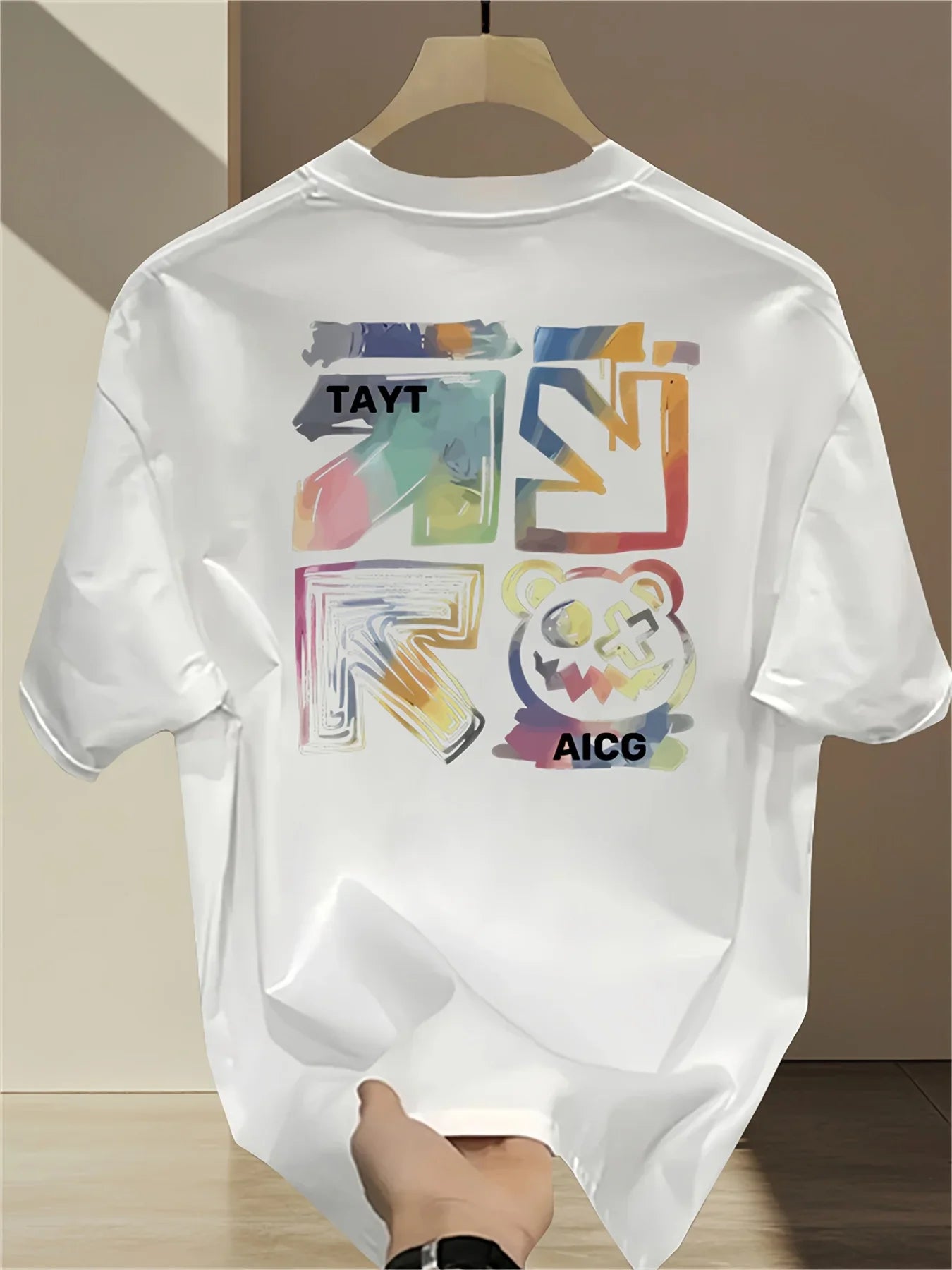 100% cotton men's casual loose T-shirt fashionable trendy brand pattern printed breathable round neck short sleeved top