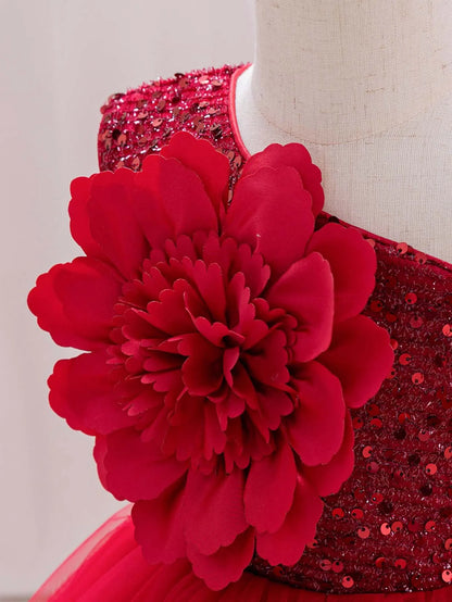 New Red Single Shoulder Sparkling Flying Sleeve Baby's Birthday Party Dress 0-6 Year Old Girl Pageant Dresses for Toddler Girls