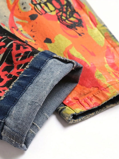 Calça jeans feminina estampada com buracos e lavagem vintage, nova tendência da moda europeia e americana