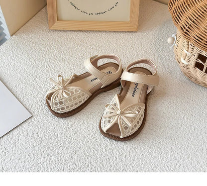 New Summer Girls Sandals Princess Beach Shoes Braided Peep-toe Kids Sandals Butterfly-knot Sweet Soft Breathable Footwear I10317