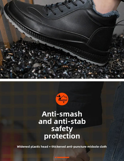 Plush Labor Protection Shoes for Winter Work Shoes Men's Anti Smashing Anti Piercing Microfiber Leather Work Cotton Safety Shoes
